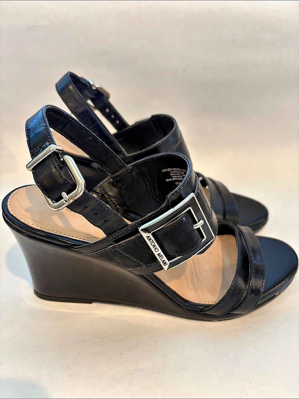 Antonio Melani Claudia Black Leather Wedge Sandals- US Size 7 1/2